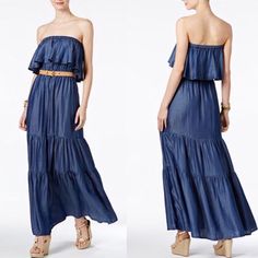 Questions? Leave A Comment Below! Dark Wash Strapless Dress For Summer, Casual Blue Strapless Denim Dress, Blue Strapless Denim Dress For Day Out, Asymmetrical Maxi Dress, Gold Maxi Dress, Maxi Shift Dress, Embellished Maxi Dress, Maxi Jersey Dress, Strapless Maxi