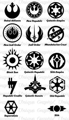 star wars symbols and insignias are shown in black on a white background, including the symbol