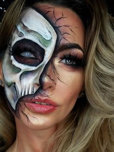 Halloween Half Face Makeup, Easy Diy Halloween Makeup, Diy Halloween Makeup Scary, Half Face Halloween Makeup, Face Makeup Halloween, Halloween Makeup Diy Easy, Half Face Makeup, Brown Matte Lipstick