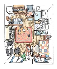 an overhead view of a living room and kitchen