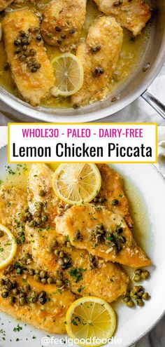 lemon chicken piccata in a skillet with the title above it