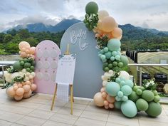 balloons and greenery decorate the entrance to a baby's first birthday party in front of mountains