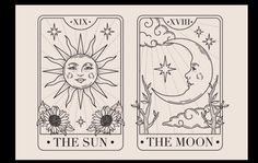 two tarot cards with the sun and the moon on them, in black and white