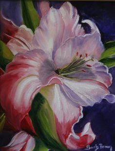 a painting of pink flowers on a blue background