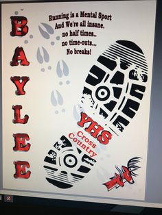 Sports Locker Decorations Cross Country, Cross Country Locker Decorations Ideas, Senior Poster Board Ideas Track, Senior Track Poster Ideas, Senior Night Cross Country Posters, Cross Country Float Ideas, Senior Poster Board Ideas Cross Country, Cross Country Locker Signs Ideas, Senior Night Posters Track And Field