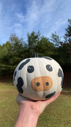 a hand holding a painted pumpkin shaped like a cow