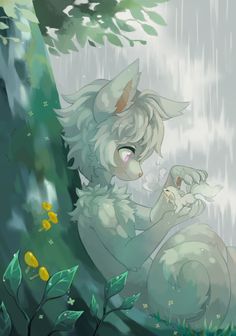 a drawing of a cat sitting in the rain with its eyes closed and mouth open