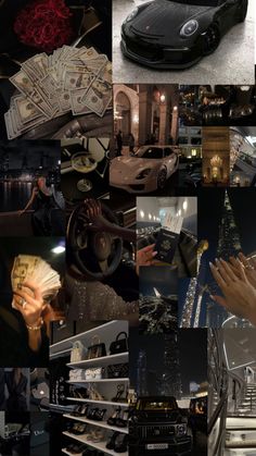 a collage of photos with cars, money and people in them is shown here