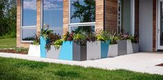 two planters with plants in them on the side of a house