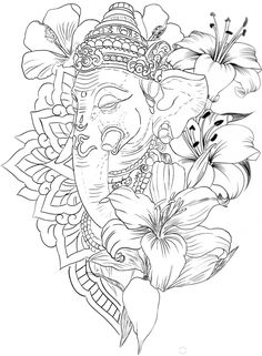 an elephant head with flowers and butterflies on it's face, in black and white