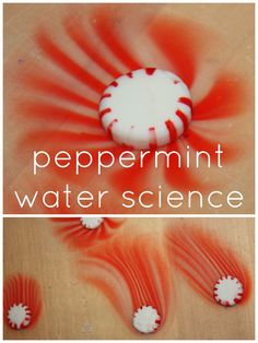 two pictures with the words peppermint water science in white and red on them