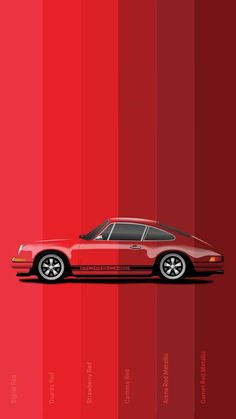 a red car is shown in front of a striped background