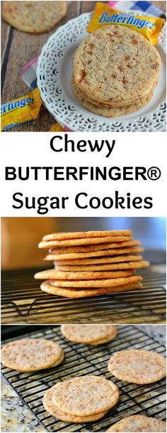 some cookies are cooling on a rack and in the background is an image of butterfingerers sugar cookies