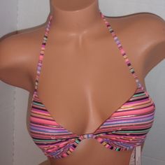 The Fabulous Halter Bikini Top Stripes ~ Gold Foil Molded Push Up Padding Ties At Neck, Hooks At Back No Trades Fitted Multicolor Halter Top For Pool, Summer Purple Halter Top For Beach Season, Stretch Multicolor Halter Top For Pool, Multicolor Stretch Halter Top For Beach Party, Purple Fitted Underwire Swimwear, Fitted Purple Underwire Swimwear, Purple Beachwear Tankini For Party, Multicolor Fitted Halter Top For Beach, Fitted Multicolor Halter Top For Beach