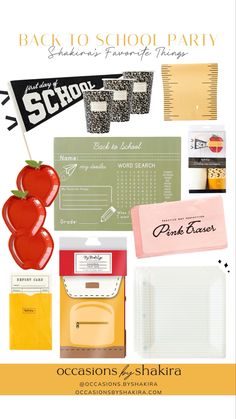 the back to school party flyer is shown with an apple, pencil and other items