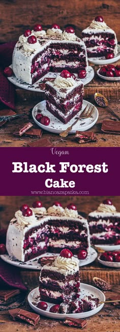 black forest cake with cranberry filling and white frosting on a wooden table