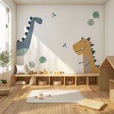 a child's room with dinosaur decals on the wall and wooden flooring