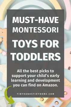 Wooden Montessori toys in the background. The text over the image reads, "Must-Have Montessori Toys for Toddlers". Toddler Development, Montessori, Year Old, Toys