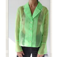 Hosbjerg Sheer Neon Green Jasmine Blazer, Size L, Large V Cute And Trendy Piece! Nwt; Excellent Condition. Seems To Fit True To Size. Features Collared Neck Front Button Closure Shirt Sleeves With Bell Cuffs And Button Closure Opaque Front, Sheer Sides And Back Bust Darts 90's/00's Silhouette 100% Polyester About Brand: “It’s Important For Us To Dare To Be Innovative And Different. Bright Colors, Funky Prints And Crooked Details Will Always Be A Part Of Our Collections”. Sale Is Final. Reasonabl Beetlejuice Halloween Costume, Funky Prints, V Cute, Green Blazer, Blazer Shirt, Shirt Button, Bright Green, Neon Green, Shirt Sleeves