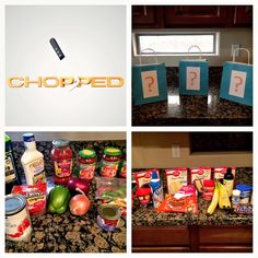 four different pictures show food items and the word chopped in gold letters on top of them