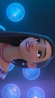 a cartoon girl with big eyes and braids in front of blue bubbles, looking up at the camera