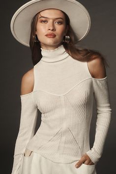 45% nylon, 30% acrylic, 20% viscose, 5% cashmere Pullover styling Dry clean Imported | Cutout Turtleneck Sweater by Avantlook in White, Women's, Size: Medium, Nylon/Acrylic/Viscose at Anthropologie White Fitted Sweater For Layering, Fitted Winter White Sweater For Fall, Fitted Turtleneck Knit Top For Winter, Fitted Sweater For Winter Layering, Fitted Winter Turtleneck Knit Top, Fitted Pointelle Knit Outerwear For Layering, Trendy Fitted Knit Top For Winter, Trendy Fitted Winter Knit Top, Chic Cream Winter Tops