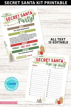 the secret santa party game is shown on a wooden table with text that reads secret santa party