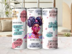 three personalized tumbles with an image of a woman's face on them