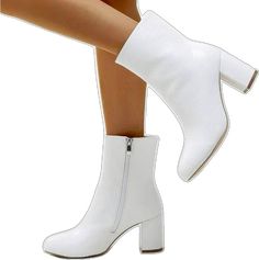 Spring Mid-calf Boots With Round Toe, Formal Spring Booties, White Mid-calf Boots With Square Toe For Spring, White Block Heel Mid-calf Boots For Spring, High Heel Faux Leather Booties, Elegant Synthetic Round Toe Booties, Formal Mid-calf Boots With Round Toe For Spring, White Heeled Boots, Tie Up Boots