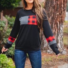 Gray Plaid Color Block Top Shelf#5020 Black Casual Tops With Patchwork, Black Patchwork Tops For Layering, Black Patchwork Top For Fall, Trendy Black Patchwork Tops, Trendy Black Tops With Patchwork, Gray Patchwork Tops For Fall, Casual Gray Tops For Fall, Black Winter Layering Tops, Black Winter Tops For Layering