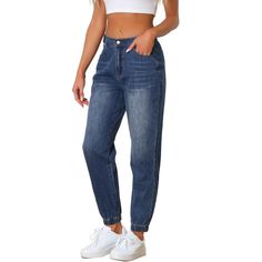 These pants is made up of several design points: high waist, elastic waist back, washed denim, elastic ankle cuff design, casual jogger jeans with side pockets, suitable for most of shape body. Elastic ankle cuffs, Pull on and button closure, basic denim pants. You can pair it with your favorite wedges or heels for that effortless stylish look. Also, you can add sneakers for a casual jogging style, an essential for every fashion women or girl. Occasion: Casual, dating, work, street, traveling, s Denim Blue Mom Fit Denim Pants, High Waist Mom Fit Denim Blue Bottoms, High Waist Mom Fit Denim Bottoms, Trendy High Waist Jeans With Elastic Waistband, Casual Medium Wash Mom Fit Jeans, Casual Denim Mom Fit Bottoms, Trendy Jeans With Elastic Waistband, Baggy Cargo Jeans With Elastic Waistband, High Waist Dark Wash Mom Fit Bottoms