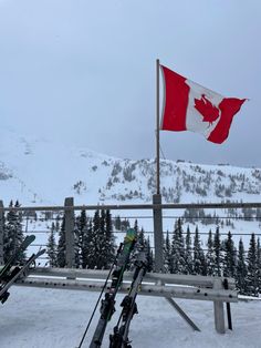 the canadian flag is flying high above some skis