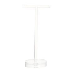 a clear plastic stand with two white poles