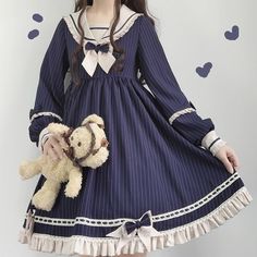 Size: XS, Color: Navy Womens Navy Dress, Bowknot Dress, Sailor Fashion, Sailor Dress, Victorian Clothing, Sailor Collar, Lolita Dress, Navy Blue Dresses, Costume Dress