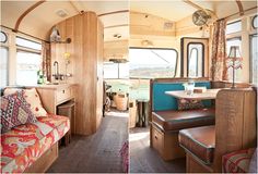 the interior of an rv with couches, tables and windows on both sides of the room