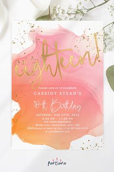 a pink and gold birthday party card with the words eighteenth birthday written on it