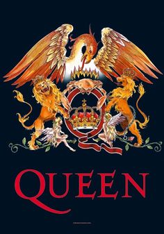 an image of the queen and two lions on a black background with red lettering that says,