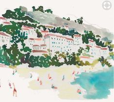 a drawing of people on the beach in front of some buildings and watercolors