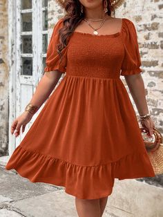 Naranja Quemada Casual Collar manga corta Tela Liso A línea Embellished Elástico Ligero Hoco Dress Sleeves, Burnt Orange Dress Outfit, Plus Size Hoco Dresses, Plus Size Teen, Ruffle Dress Long, Hoco Dress, Burnt Orange Dress, Orange Outfit, Belted Shirt Dress