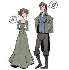 an image of a man and woman dressed up in period clothing with thought bubbles above them