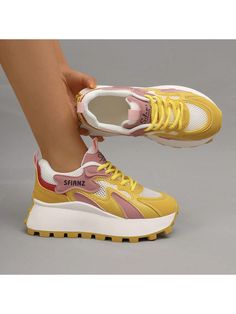 2024 Spring & Autumn Women Lace-Up Round Toe Chunky Sole Casual Sneakers, Slip Resistant And Lightweight, Size 35-40 Yellow     Plain,All Over Print    Women Shoes, size features are:Bust: ,Length: ,Sleeve Length: Shoes For College, Chunky Shoes, Estilo Punk, Wedge Sneakers, Womens Wedges, Boho Women, Women Lace, Beautiful Shoes, Maternity Bag