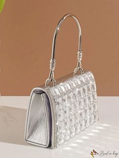 BirdinBag - Chic Mini Square Bag with Rhinestone Accent, Ideal for Glamorous Parties Glamorous Silver Bag With Detachable Handle, Silver Rectangular Evening Bag With Top Carry Handle, Silver Rectangular Evening Bag With Top Handle, Silver Rectangular Evening Bag With Handle, Formal Rhinestone Top Handle Bag, Top Handle Rhinestones Event Bag, Rhinestone Top Handle Bag For Events, Glamorous Rectangular Evening Bag With Top Handle, Glamorous Silver Square Bags