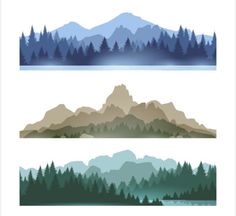 four different mountains and trees with fog in the sky, set of three horizontal banners