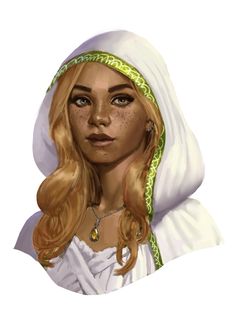 a digital painting of a woman with long blonde hair wearing a white dress and green headband