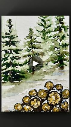 a watercolor painting of some logs in the snow with pine trees and a bear