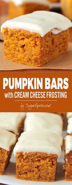 pumpkin bars with cream cheese frosting are stacked on top of each other and the title reads, pumpkin bars with cream cheese frosting