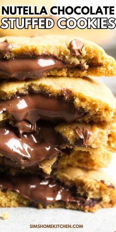 chocolate covered cookies stacked on top of each other with the words, nutella chocolate stuffed cookies