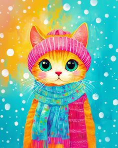 a painting of a cat wearing a hat and scarf