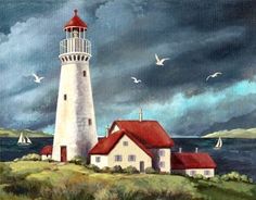 a painting of a lighthouse with sailboats on the water in front of it and dark clouds