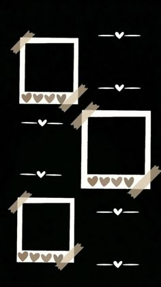 three white frames with hearts on them against a black background that has been cut into smaller squares